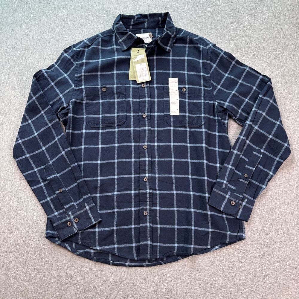 Goodfellow & Co Mens Midweight Flannel Shirt Navy Blue Windowpane Plaid Size M